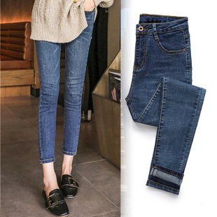 高腰九分秋冬加绒紧身牛仔裤女复古蓝八分145cm150矮小个子小脚裤