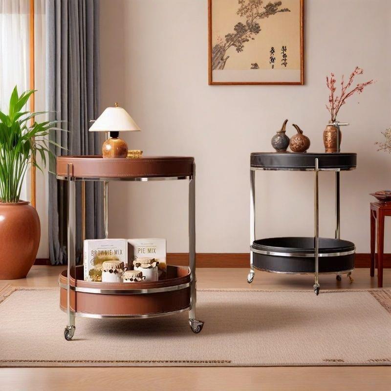 轻奢马鞍皮圆形边几小推车客厅沙发简约茶几家用小户型带轮置物架