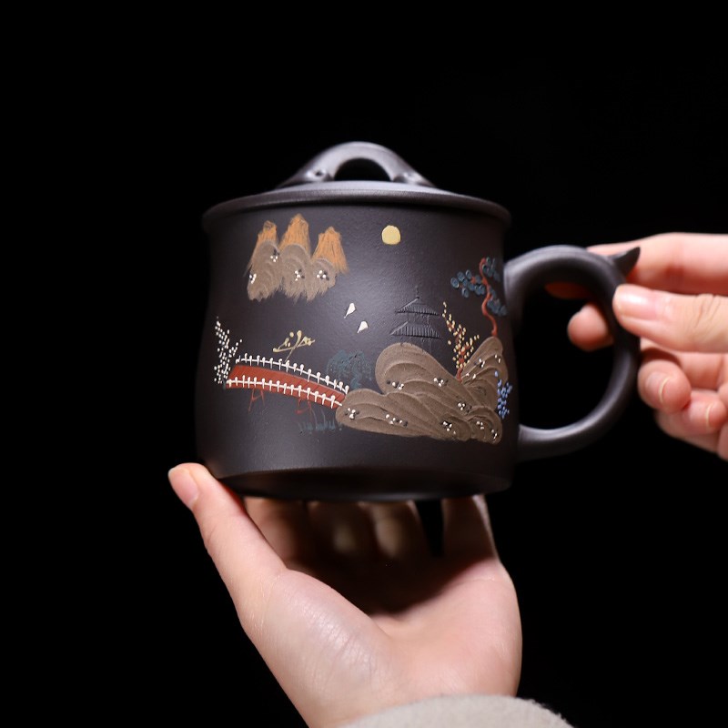 中式宜兴紫砂杯创k意泥绘带盖办公杯个人杯水杯全纯手工创意大茶