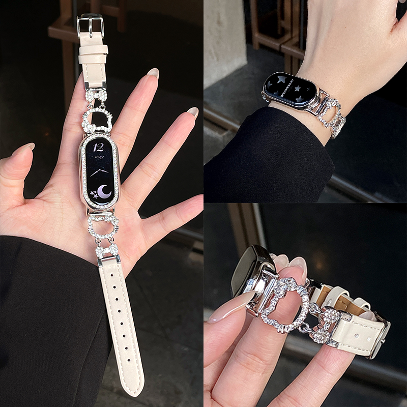 适用小米手环10表带女款kt猫蝴蝶结金属拼皮表带