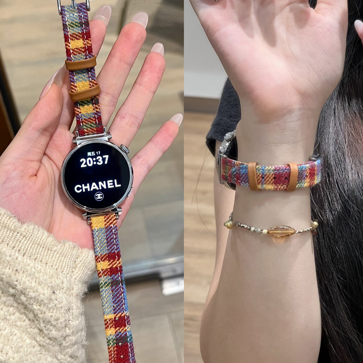 适用华为手表表带gt6毛呢彩虹格纹智能手表表带真皮质高级适用秋冬彩色针扣手表带gt5pro腕带gt4女款细款,智能设备,智能手表手环表带/腕带,淘宝优惠券,粉丝福利购,淘宝优惠卷