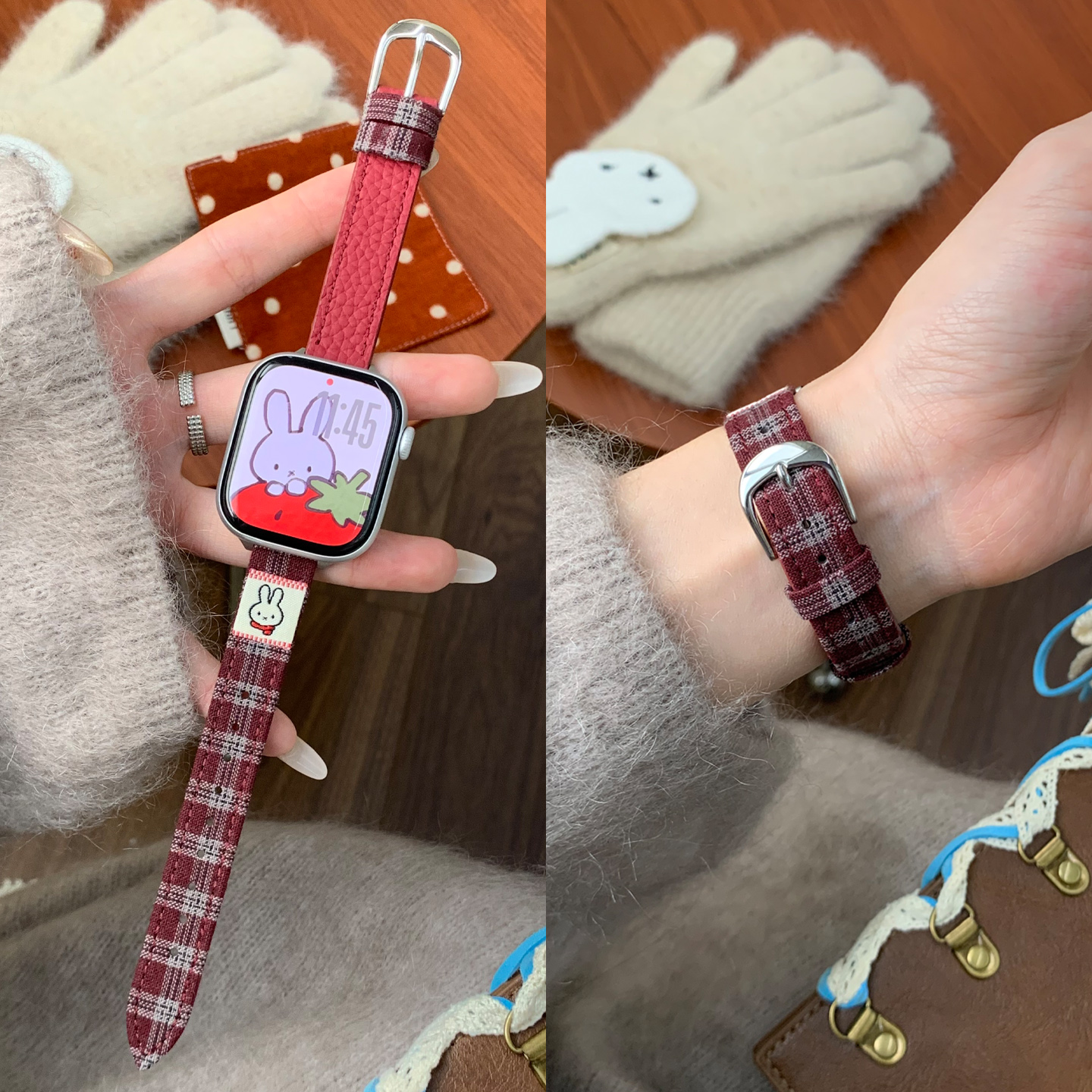 S11红色格纹拼荔枝纹皮表带