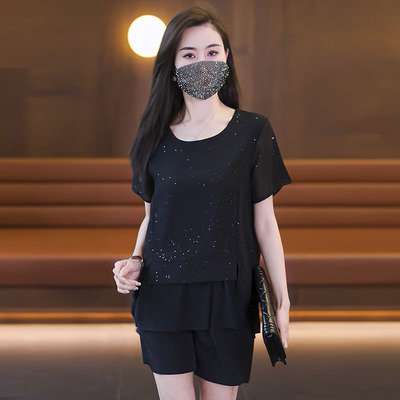 夏装搭配一整套微胖MM显瘦雪纺短袖T恤高级感上衣+短裤子两件套女