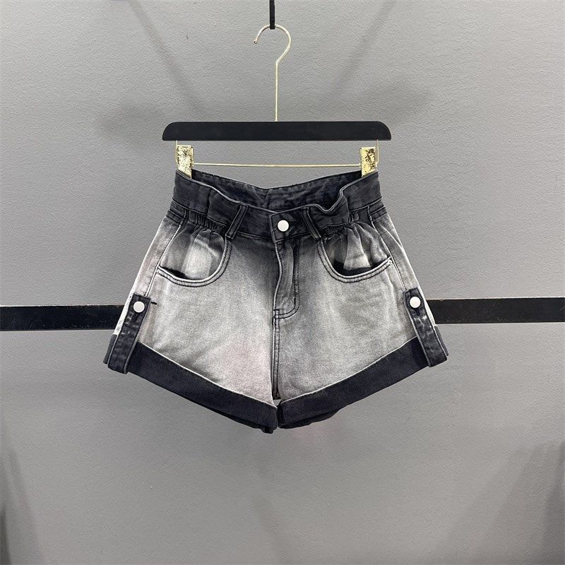 复古渐变色卷边牛仔短裤女2025夏季高腰显瘦复古辣妹A字阔腿热裤