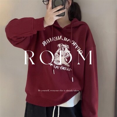 大码女装2025春秋新款胖妹妹长袖打底衫显瘦加绒加厚印花连帽卫衣