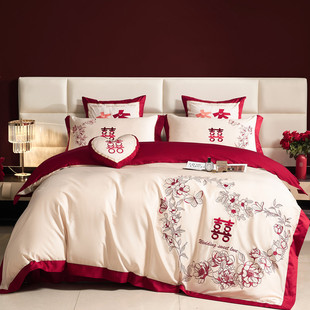 新婚庆被套四件套全棉纯棉绣花大红色牀单式铺盖陪嫁送礼牀上用品