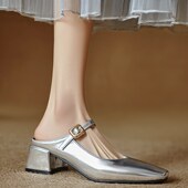 3233女鞋 凉鞋 法式 粗跟包头半拖鞋 小码 外穿大码 复p古时尚 夏季 414