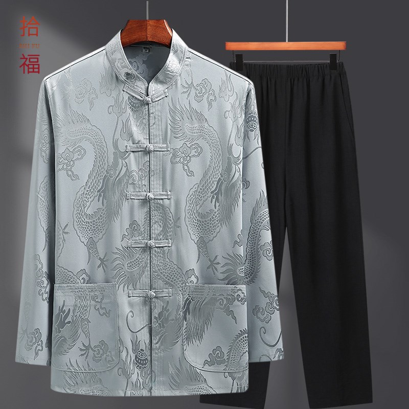 唐装中老年男士短袖套装中式国风夏款薄款透气上衣爸爸爷爷生日夏