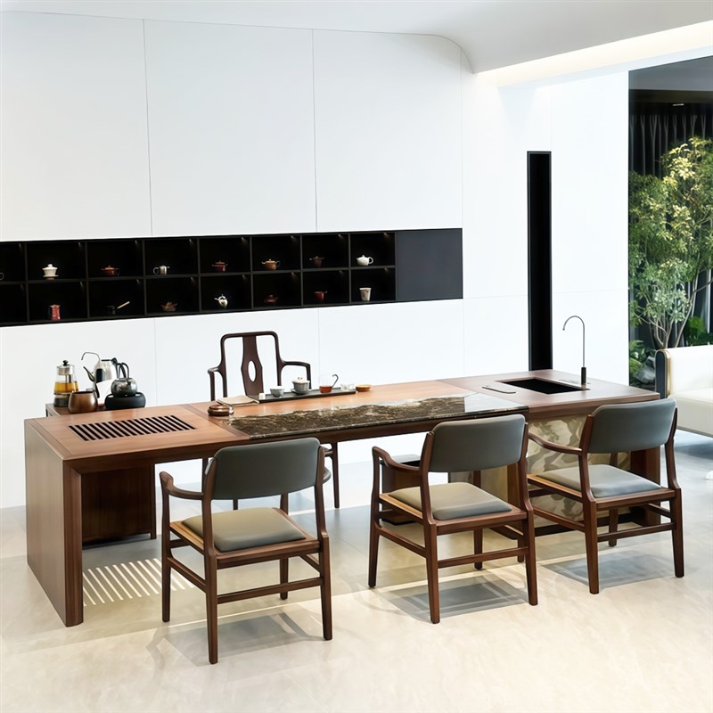 新中式茶桌高端黑胡桃木实木茶台现代轻奢家用办公室高级感泡茶桌