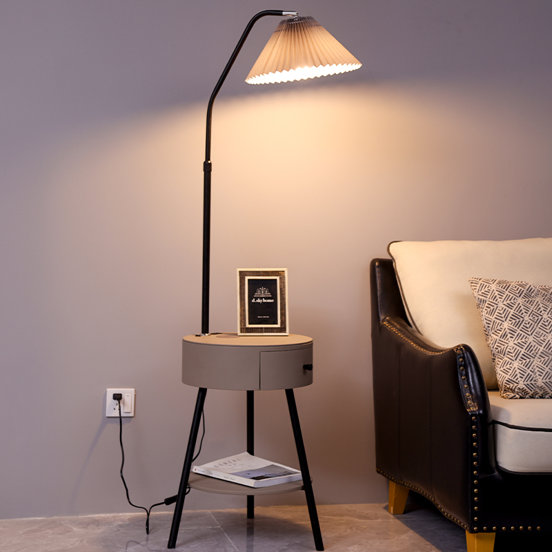 落地灯卧室床头柜茶几一体置物抽屉简约轻奢沙发百褶立式落地台灯