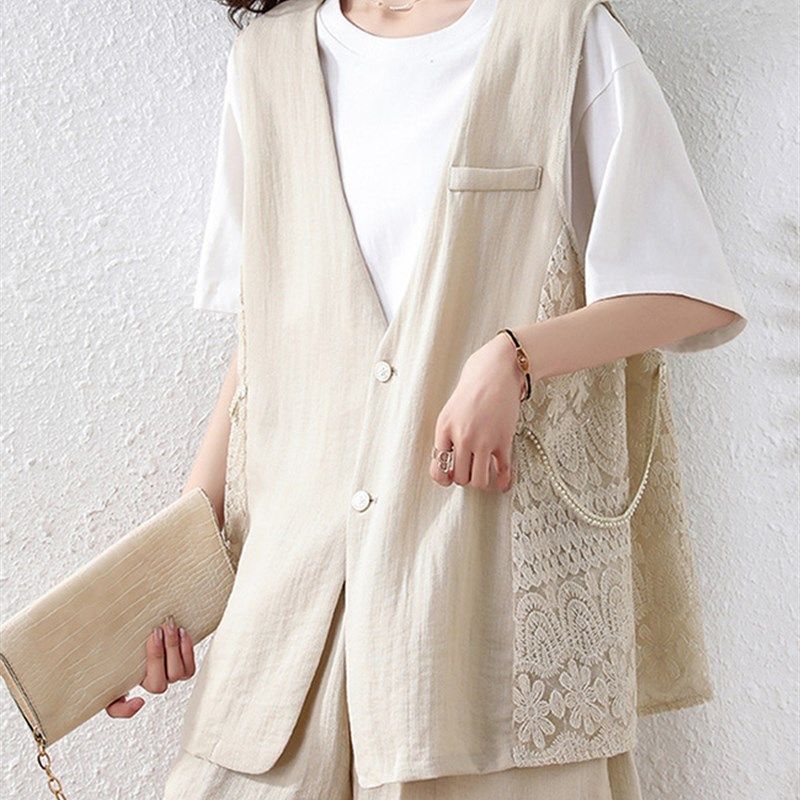 串珠马甲女式夹克套装2025夏季新款宽松分层马甲休闲阔腿短裤两件