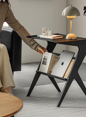 梵也家具黑色白蜡木边几小茶几客厅沙发床头置物架藤编书报杂志架