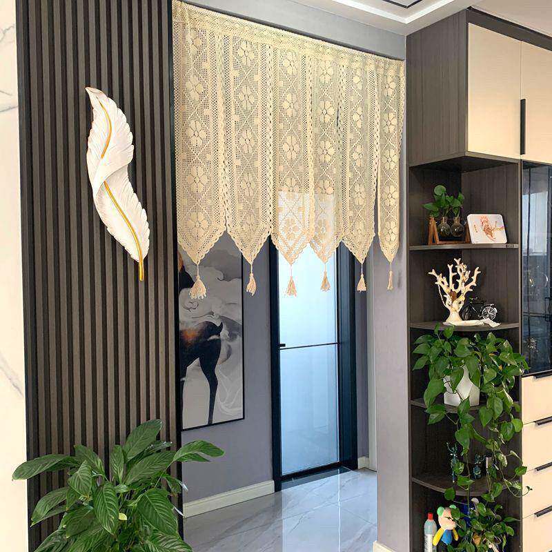 外贸出口原单美式复古棉线镂空门帘玄关隔断帘厨房半帘纱帘