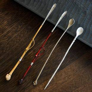 大漆缠枝竹茶扒抹茶锡茶匙镀银合金茶拨天然玉竹茶则茶针茶道配件