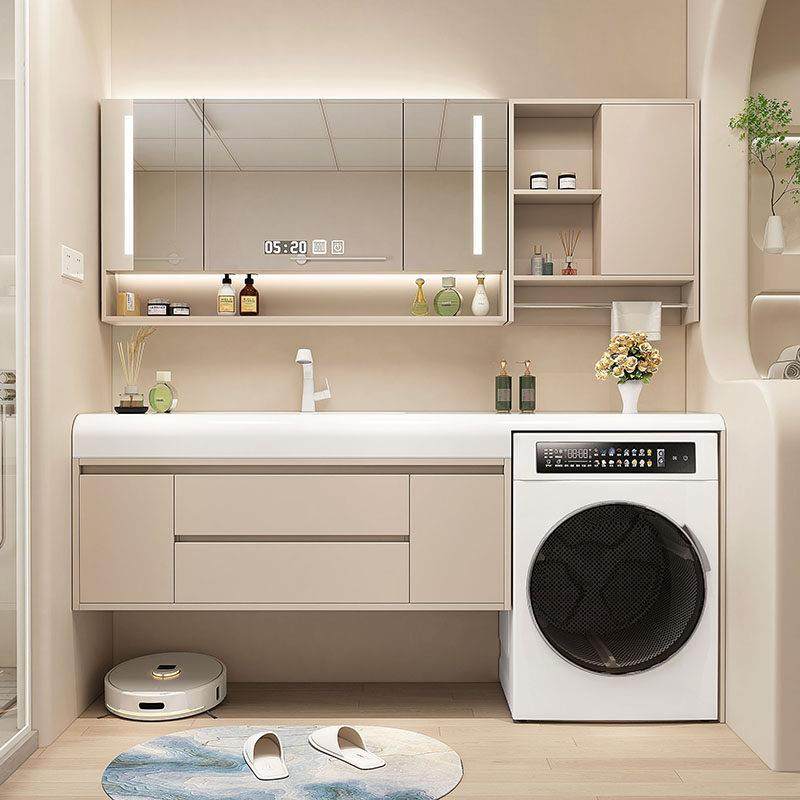 定制奶油风洗衣机洗手盆一体柜可丽耐无缝一体盆浴室柜洗漱台组合