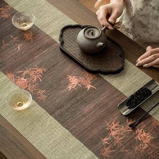 形相茶席防水桌旗中式草编竹子茶旗禅意编织长条茶桌布秋季茶台布