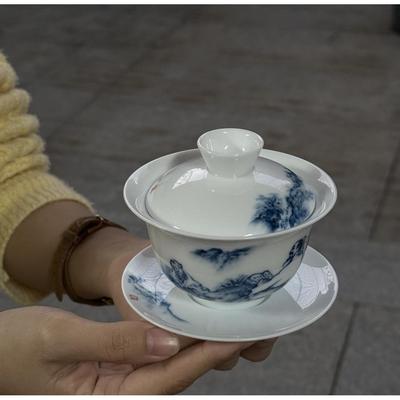 景德镇3008纯手绘高温釉下彩青花人物中式泡功夫茶三才盖碗130ml