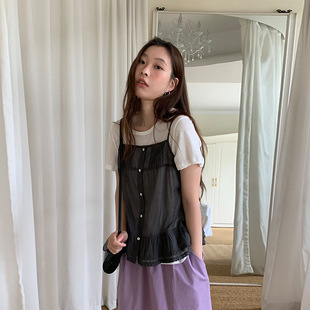 韩系甜美排扣薄款 苏奈 气质叠穿吊带背心女2025花边上衣