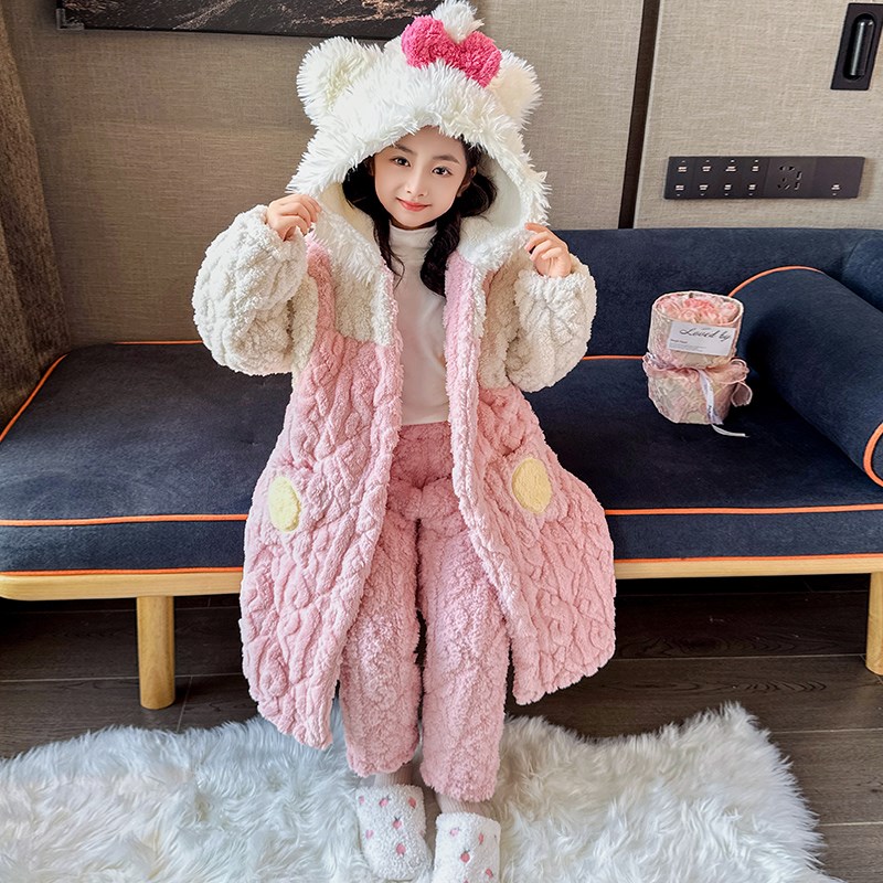 儿童睡衣套装冬季加厚款三层夹棉女童小孩珊瑚绒法兰绒家居服睡袍