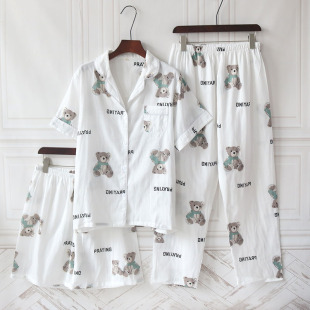 男士棉纱睡衣三件套夏季纱布全棉短袖长裤短裤夏天家居服套装薄款