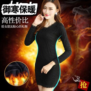 加绒加厚蕾丝连衣裙2024秋冬新款大码女装长袖t恤中长款打底衫女