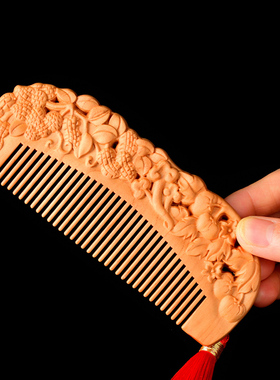 郎府桃木梳子雕刻梳家用梳礼品梳流苏顺发护理梳花生柿子一生一世