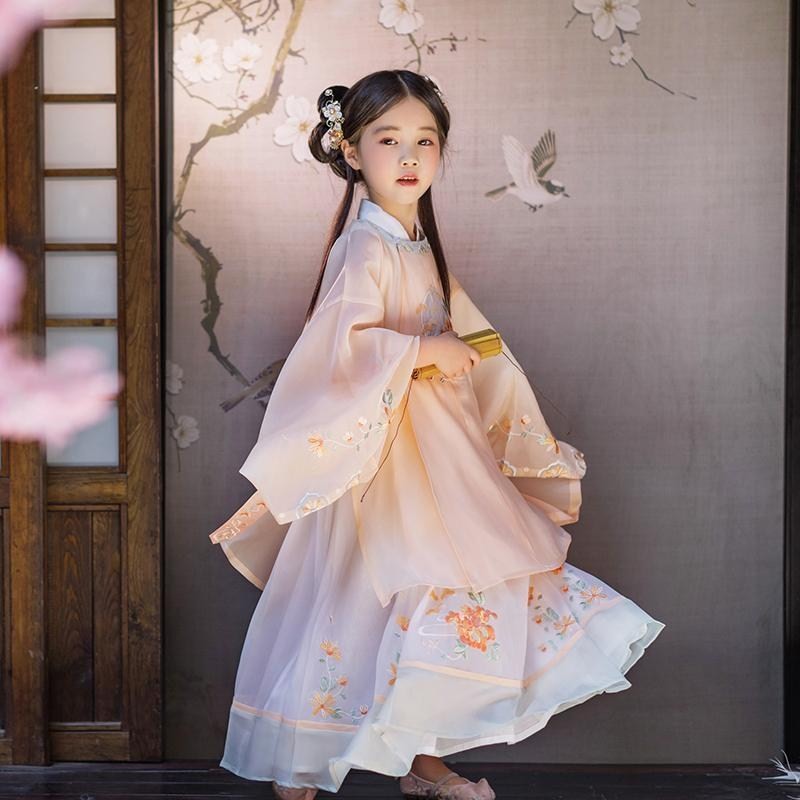 汉服女童装阮月圆领大襟衫中国风儿童汉服连衣裙小女孩宝宝唐装秋