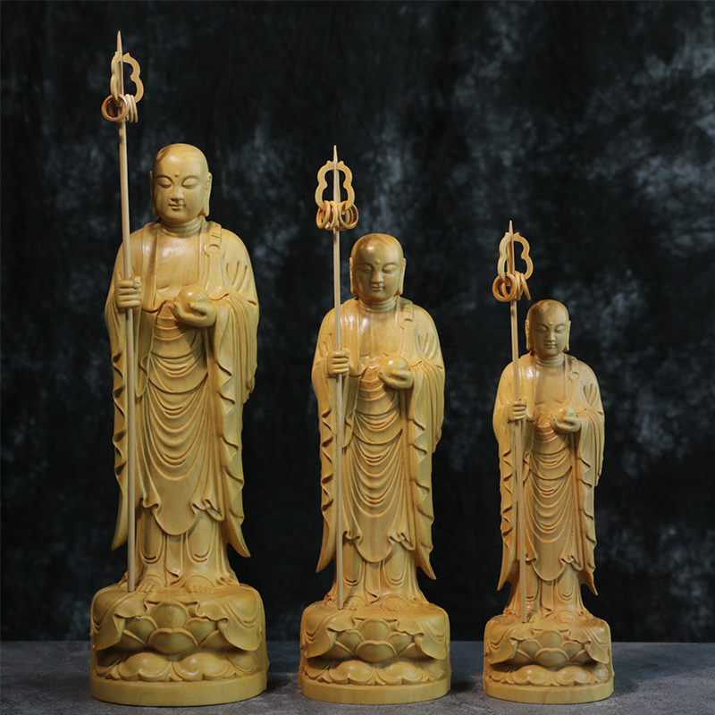 小叶黄杨木雕贴金中式摆件家居饰品佛像供奉文化娑婆三圣地藏菩萨