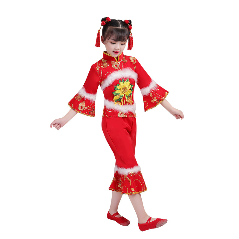 元旦新款儿童秧歌服演出服喜庆开门红民族幼儿手绢舞蹈表演服装女