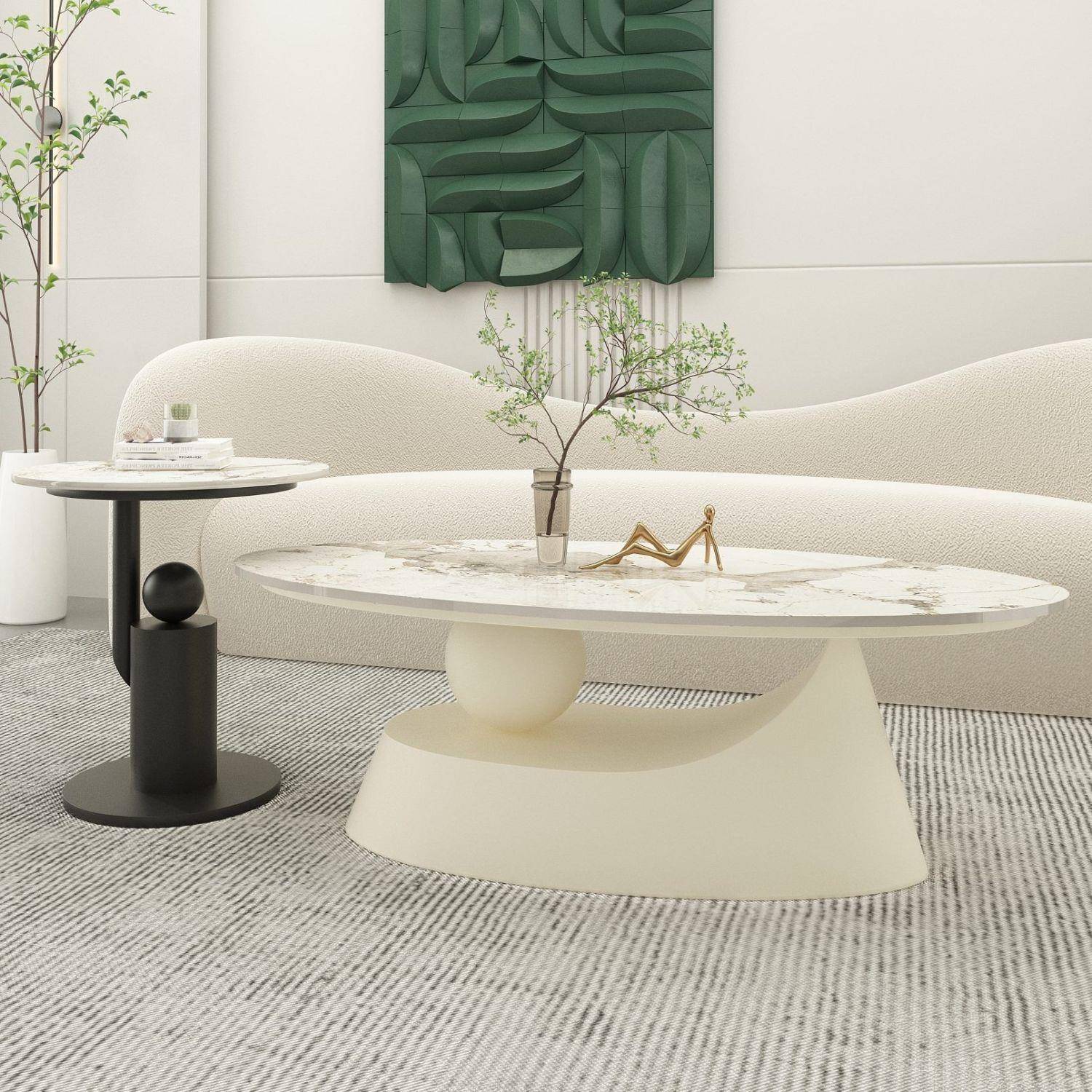 椭圆形奶油风岩板茶几简约小户型设计师轻奢桌子现代网红家用客厅