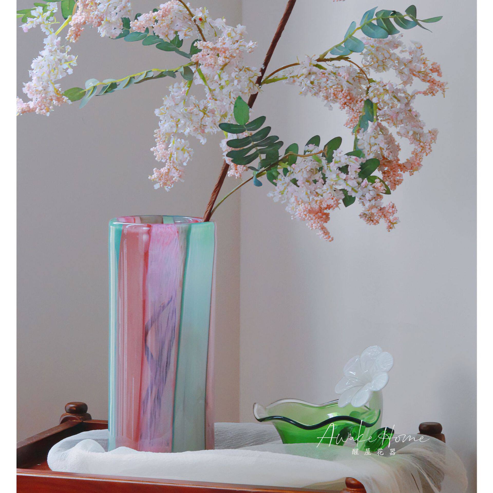 彩虹条纹直筒玻璃花瓶插百合鲜花富贵竹琉璃花瓶客厅餐厅花器摆件
