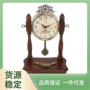 ฅ中式木制座钟复古实木座钟客厅台式摆钟大号卧室全木静音钟表