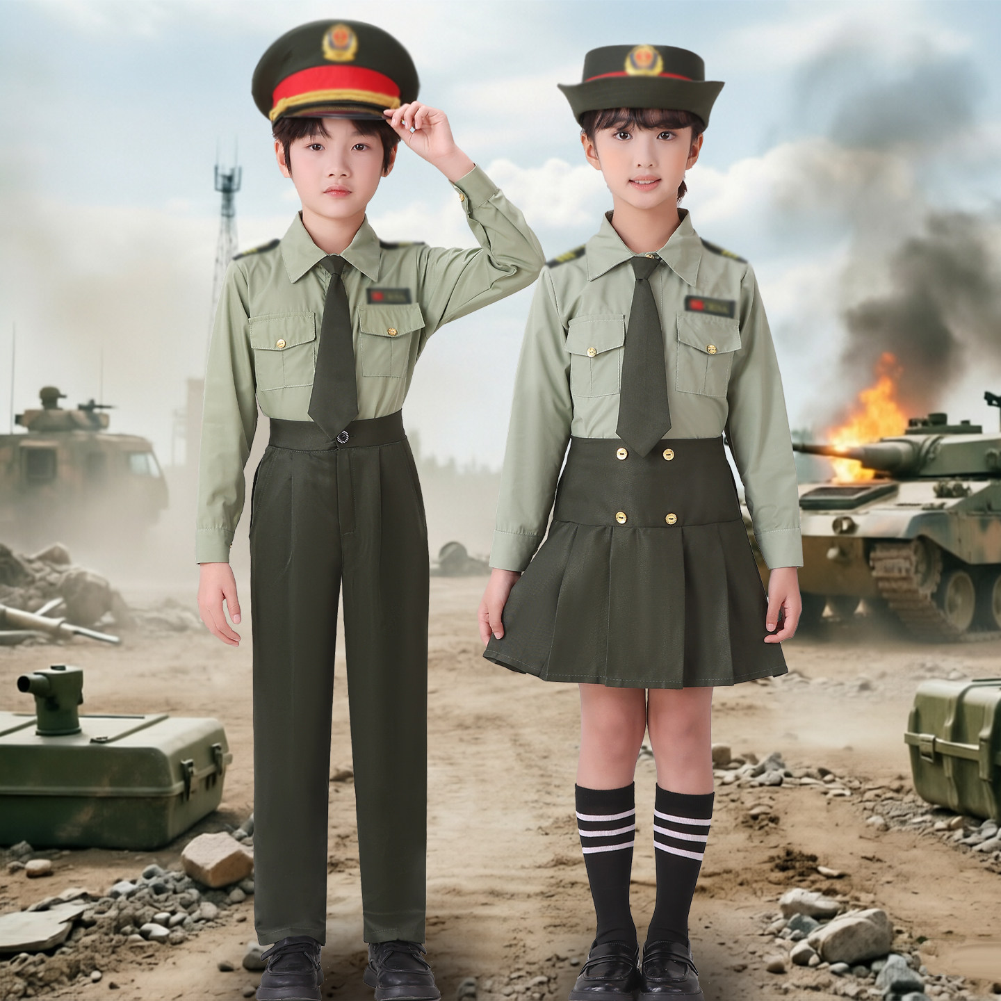 儿童军装演出服男女童升旗手仪仗队表演服小学生军绿色小陆军套装