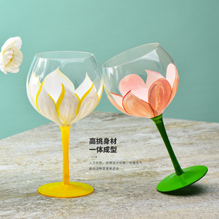 法兰晶手工手绘花朵玻璃高脚杯红酒杯小清新彩绘杯葡萄酒杯家用