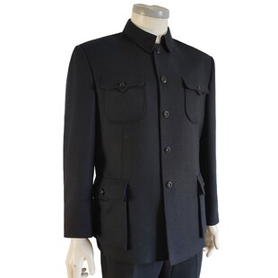 冬季父亲加厚中山装斜纹雪花呢高档中老年民族服装毛料呢子套装男