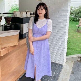 甜美连衣裙2024夏季新款220斤胖mm大码紫色显瘦格子吊带裙两件套
