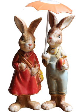 美式乡村情侣兔兔可爱造型撑伞青蛙摆件 花园摆件儿童房