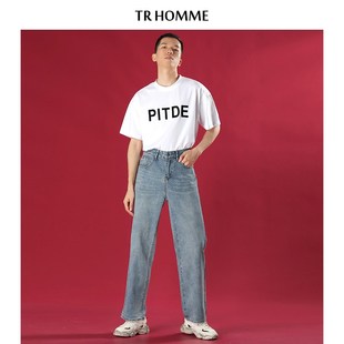 TR HOMME 港风牛仔裤男复古蓝色宽松直筒长裤青春休闲男青年裤子