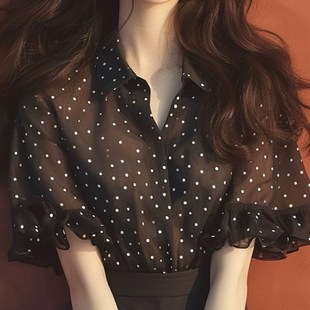 黑色波点荷叶边雪纺短袖衬衫女夏季2024新款爆法式高级感气质上衣