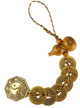 新款黄铜五帝钱挂件桃木葫芦真品铜钱八卦镜随身挂饰创意礼品摆件