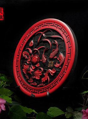 金乌炭雕《连年有余》中式家居装饰 炭雕工艺品摆件 乔迁新居礼品