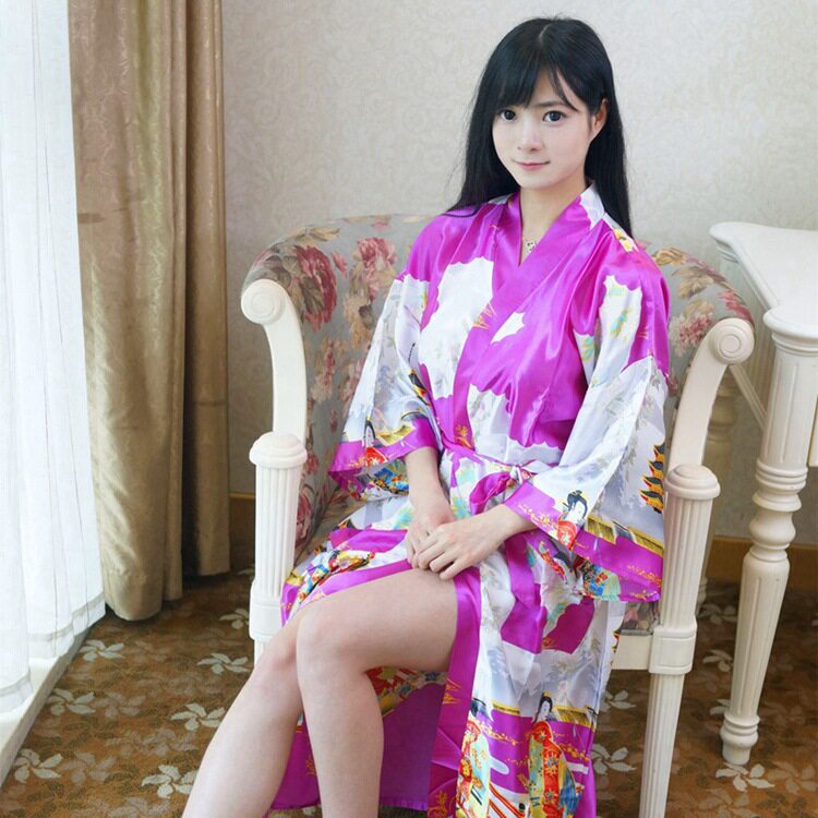 中国风女士唐装夏季薄款睡衣睡袍仿真丝开衫系带美女睡袍 玫红
