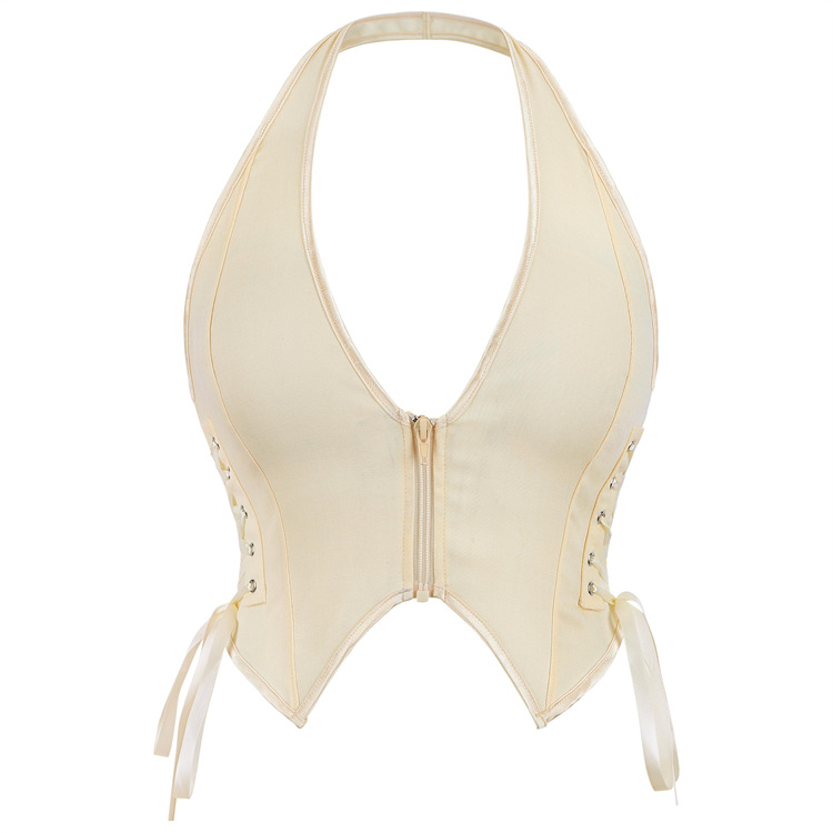 新款杏色拉链挂脖深V领背心性感