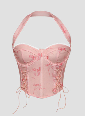 欧美新款纯欲ins挂脖性感印花鱼骨胸衣绑带辣妹抹胸背心70106