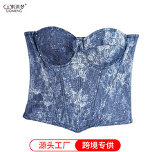 法式纯欲风蕾丝撞色雪花牛仔抹胸前长后短宫廷束身鱼骨上衣女