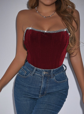 欧美女装高级感丝绒带钻抹胸鱼骨修身显瘦纯色连体衣60755