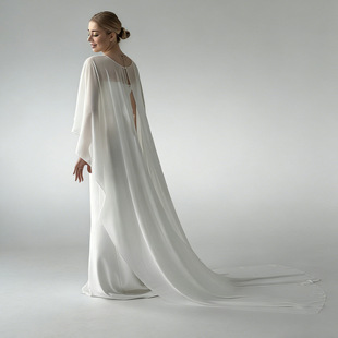 薄款雪纺披肩新娘婚纱拍摄披风单层长款大拖尾开叉女士斗篷欧美风