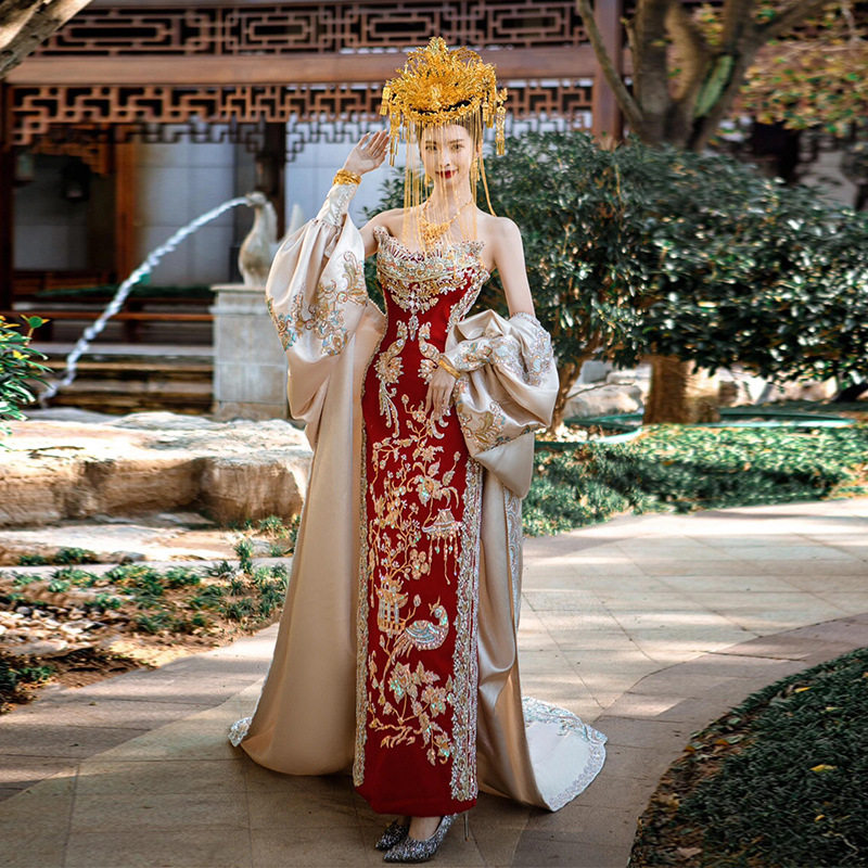 红色抹胸敬酒服新中式新娘结婚婚服重工鱼尾龙凤褂复古订婚礼服裙