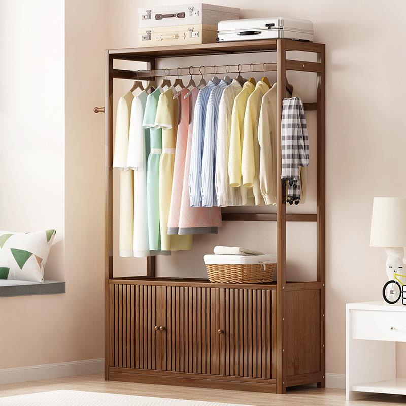 现代简约带门落地置物架家用卧室创意多功能简易楠竹挂衣架