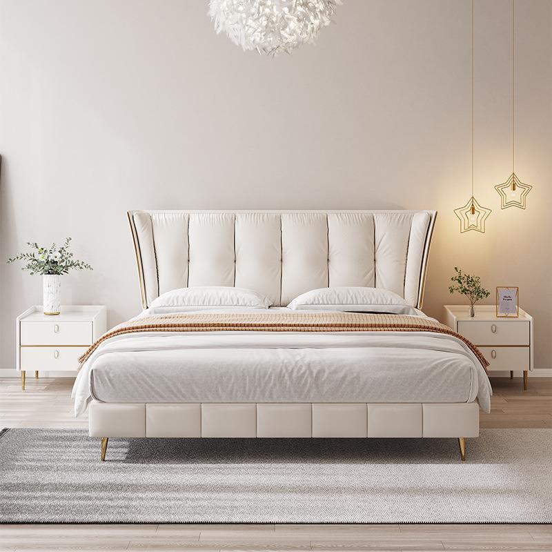 轻奢皮床现代简约双人床主卧新款羽绒靠包北欧意式真皮床网红婚床